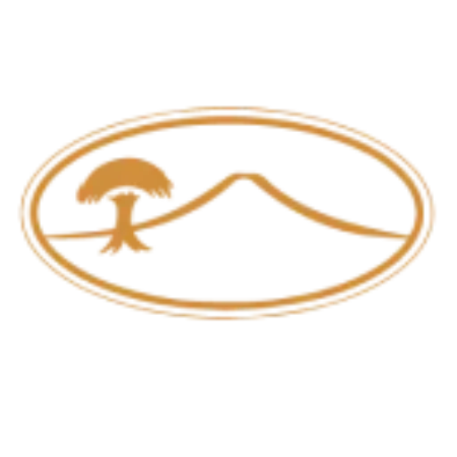 A logo with an orange oval, featuring a tree and a triangular mountain design inside.